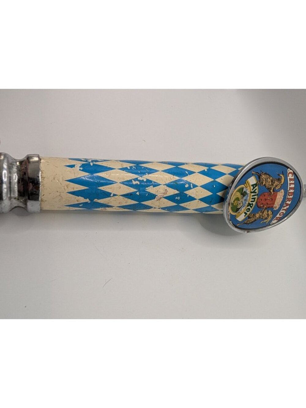 Ayinger Celebrator Dopplebock Beer Tap Handle Bavarian Blue White Wood - Picture 4 of 7